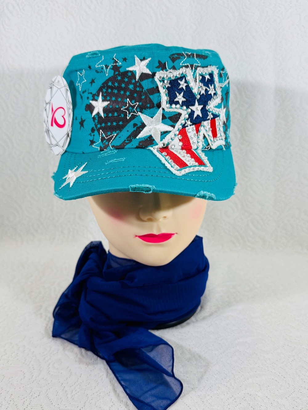 New With Tag Women Teal Star Patch Cap with American Flag Detail - Unbranded